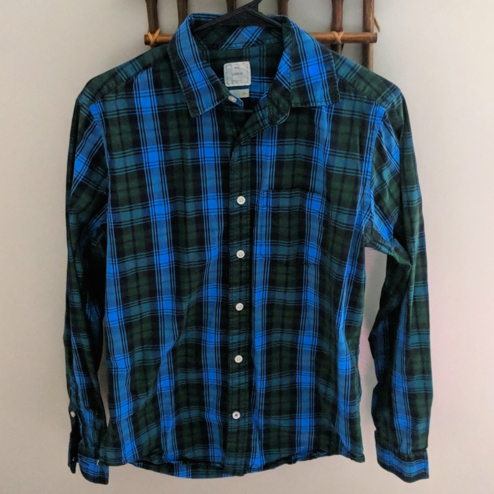 Men's blue and green plaid button down